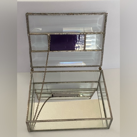 Vintage Jewelry Trinket Box Purple Stain Glass Clear Beveled Mirror Chain Hinged - Picture 2 of 12